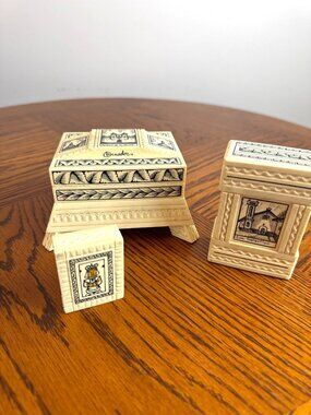 Vintage Handcrafted Ecuadorian Trinket Box Set Intricate Black & White Designs
